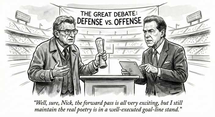 Joe Paterno vs Nick Saban debate illustration